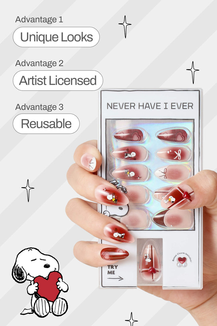 Almond press-on nails with Snoopy, hearts, and red/pink gradient. Shows "Unique Looks," "Artist Licensed," "Reusable."