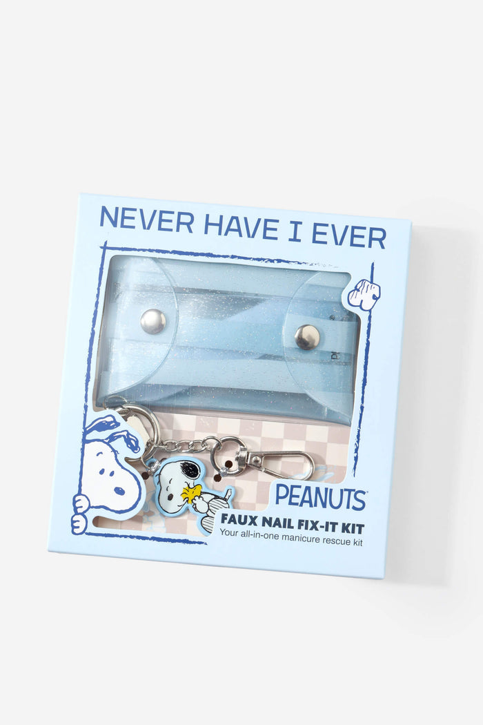 Peanuts Faux Nail Fix-It Kit with Snoopy keychain and light blue glitter pouch