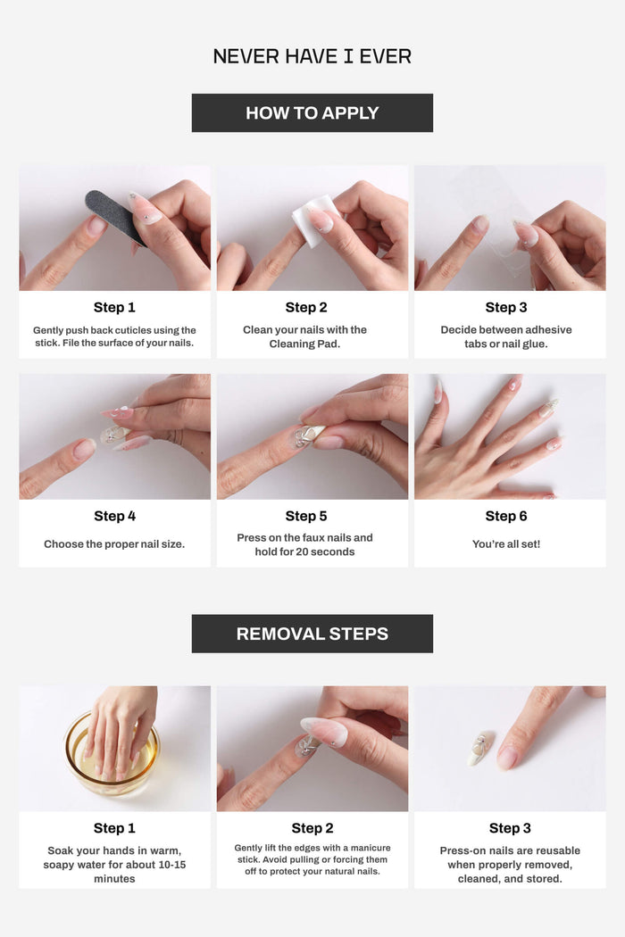 Guide: Applying and removing almond press-on nails, including cuticle prep, cleaning, application, and safe removal for reuse.