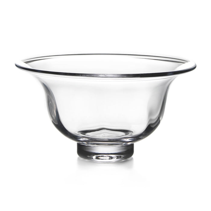 Clear glass bowl with wide rim and pedestal base.