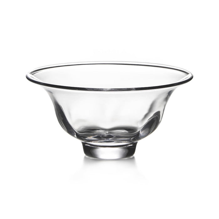 Clear glass bowl with wide rim and rounded base, featuring a dark band accent along the top edge.