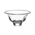 Clear glass bowl with wide rim and pedestal base.