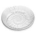 White ceramic platter with spiral shell relief design in center and radiating ribbed pattern.