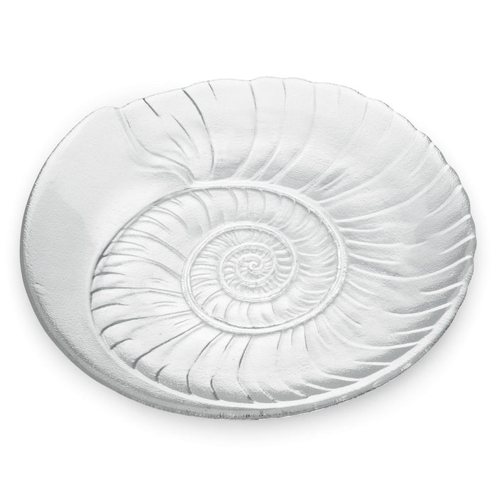 White ceramic platter with spiral shell relief design in center and radiating ribbed pattern.