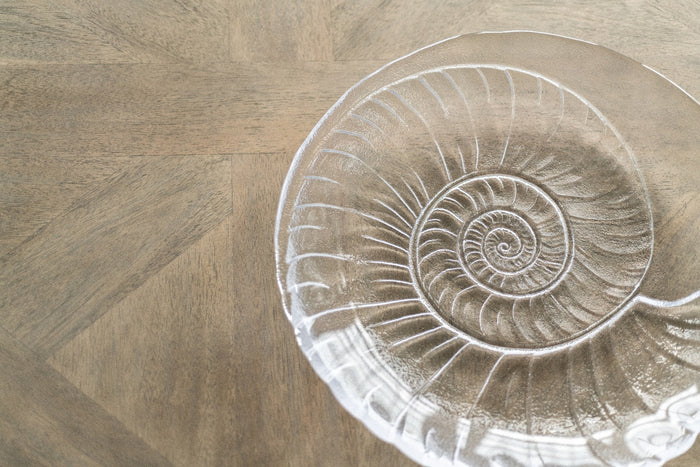 Clear glass platter with raised spiral shell design radiating from center.