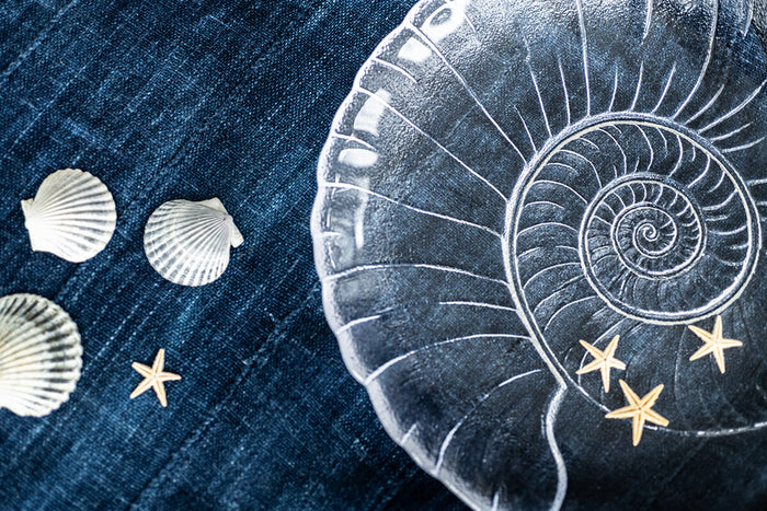 Clear glass platter with spiral shell design and gold starfish, displayed with white shells on blue textured surface.
