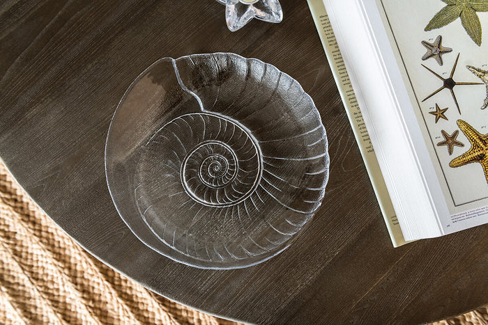 Clear glass platter with spiral shell design etched throughout the surface.