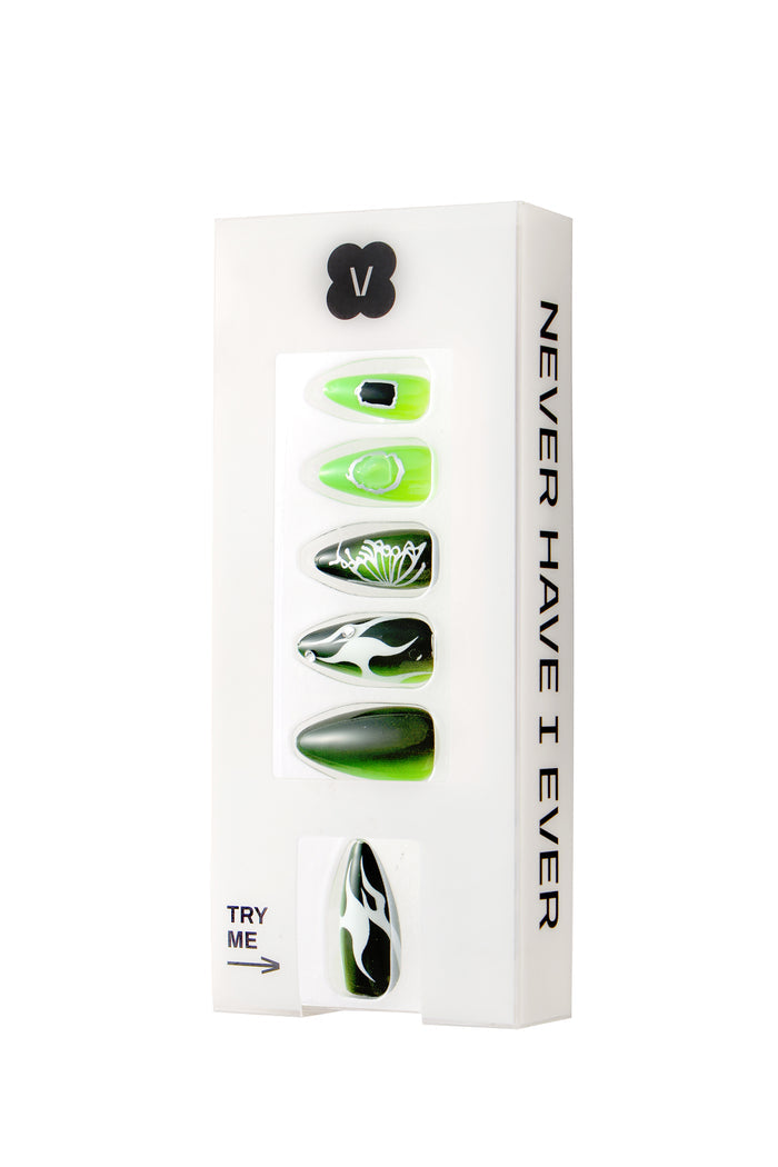 Never Have I Ever "SHE'S A BRAT" press-on nails in green with white and black designs.