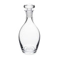 Clear glass decanter with rounded body, narrow neck, and matching glass stopper with flat top.