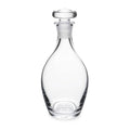 Clear glass decanter with rounded body, narrow neck, and matching glass stopper with flat top.