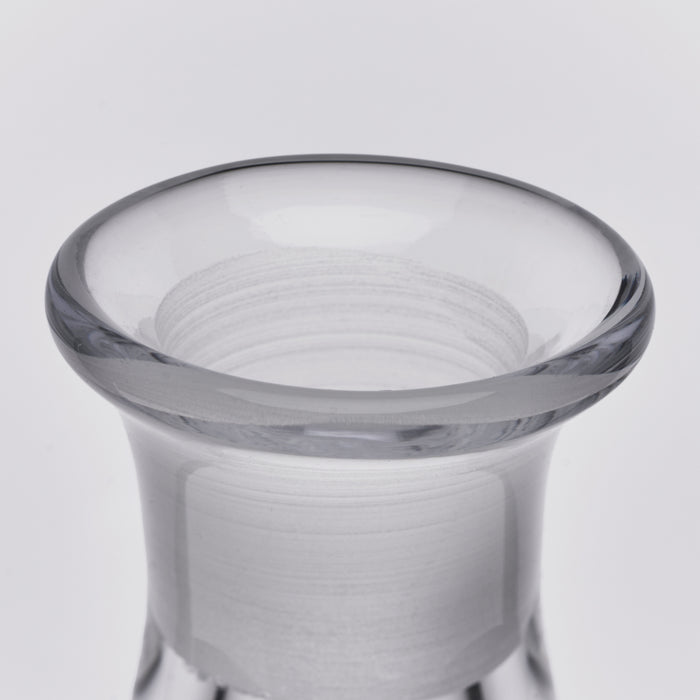 Clear glass decanter with frosted body and gray-toned rim, viewed from above.