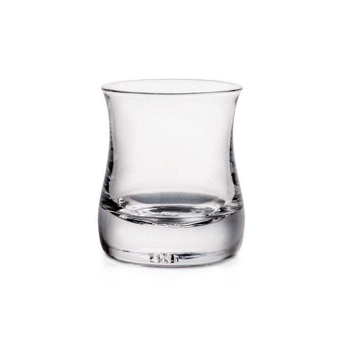 Clear glass double old-fashioned tumbler with curved sides and weighted base.