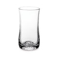 Clear glass tumbler with curved sides and weighted base, displayed against white background.