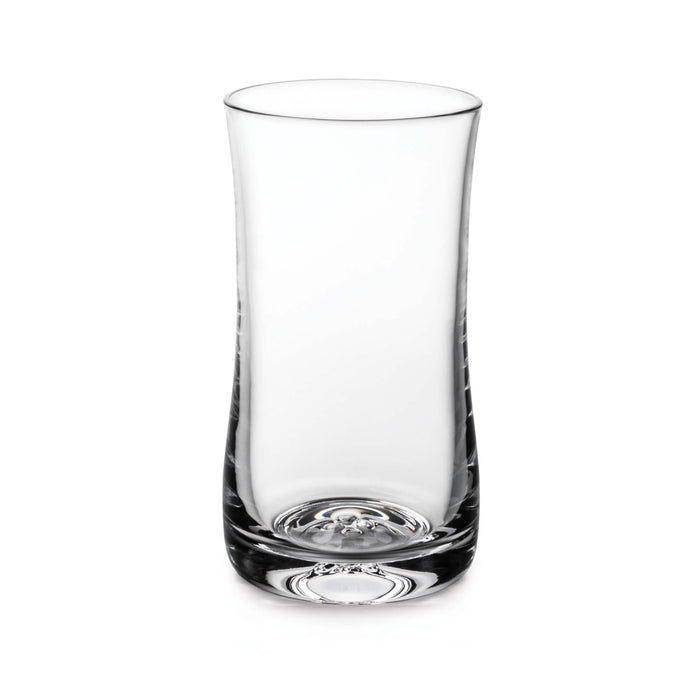 Clear glass tumbler with curved sides and weighted base, displayed against white background.