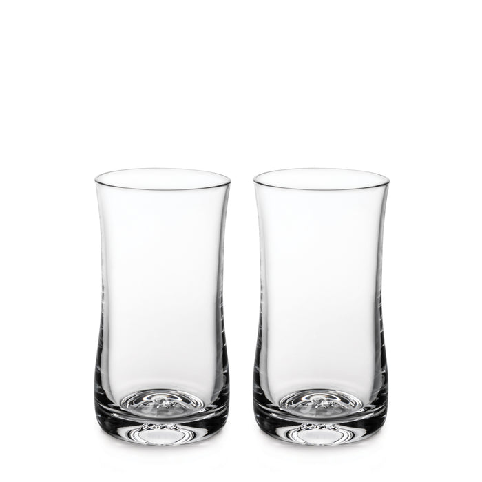 Two clear glass tumblers with curved sides and weighted bases displayed side by side.
