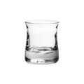 Clear glass tumbler with tapered sides and weighted base, suitable for whiskey or spirits.