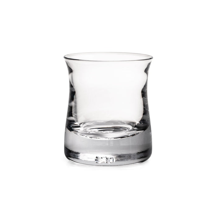 Clear glass tumbler with tapered sides and weighted base, suitable for whiskey or spirits.
