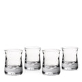 Set of four clear glass whiskey tumblers with weighted bases and tapered sides.