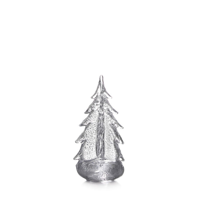 Silver metallic evergreen tree figurine with textured finish and rounded base.
