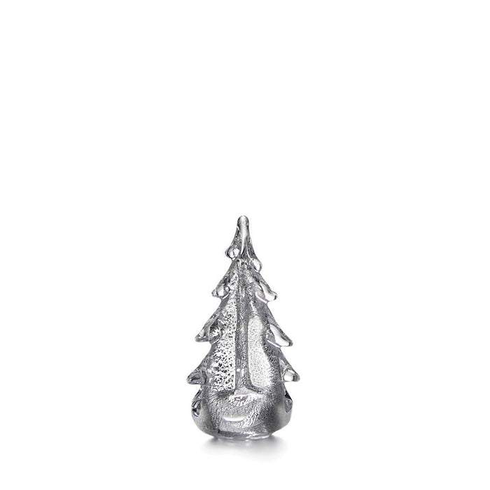Silver metallic evergreen tree figurine with textured surface and pointed top on white background.