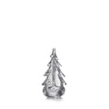 Silver metallic evergreen tree figurine with textured surface and pointed top on white background.