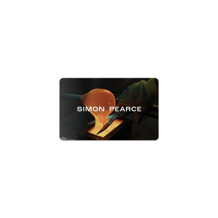 Simon Pearce digital gift card with glassblowing imagery on black background.