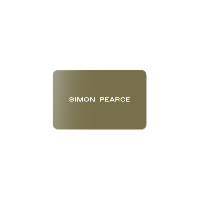Olive-green digital gift card with white Simon Pearce text and rounded corners.
