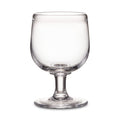 Clear glass goblet with rounded bowl, short stem, and circular base.