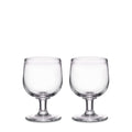 Two clear glass goblets with pedestal bases and rounded bowls.