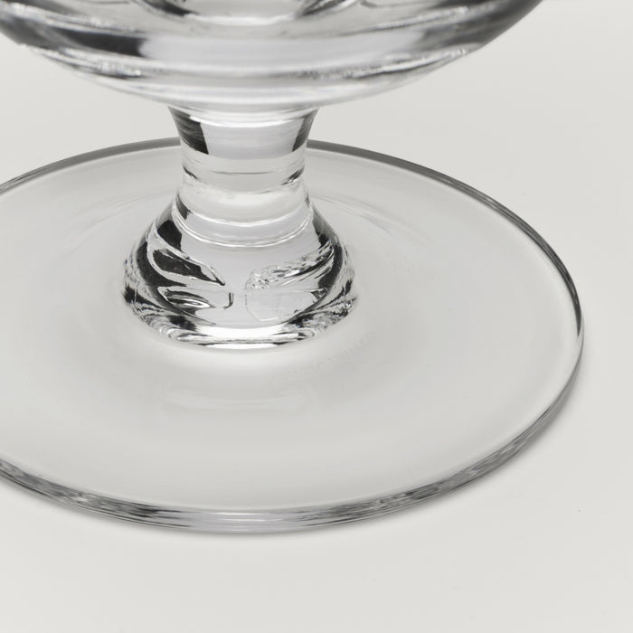 Close-up of a clear glass pedestal bowl or cup base on a light gray background.