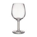 Clear glass wine glass with curved bowl, thin stem, and circular base on white background.
