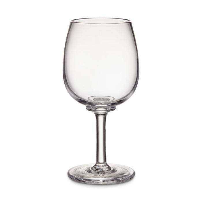 Clear glass wine glass with curved bowl, thin stem, and circular base on white background.