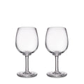 Two clear glass wine glasses with rounded bowls and stemmed bases.