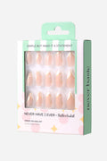 Short almond press-on nails: nude base, gold/white tips. Box says: SIMPLE BUT MAKE IT A STATEMENT, NEVER HAVE I EVER, flutterhabit.