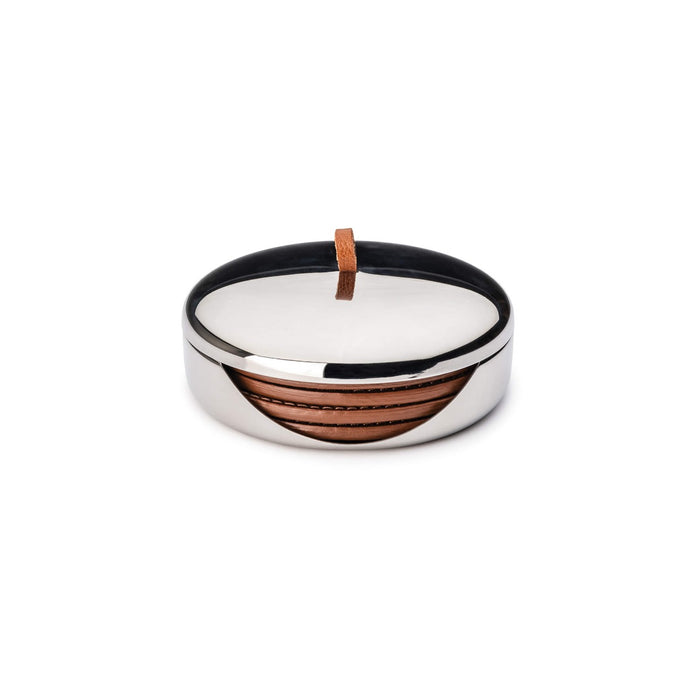 Stainless steel case with white lid featuring brown leather straps and black trim accent band.