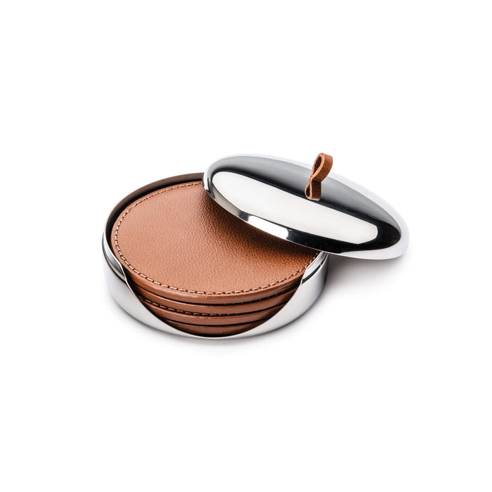 Set of tan leather coasters with stitched edges stacked inside a polished stainless steel case with handle.