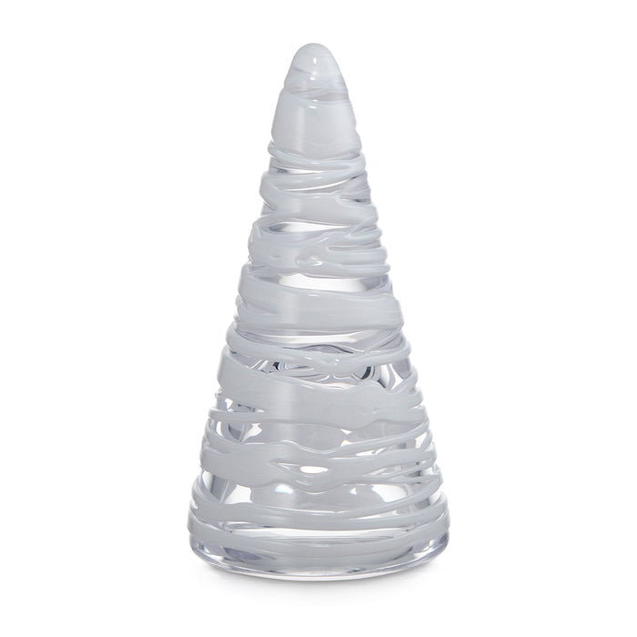 Translucent conical tree with white and clear striped bands wrapping around the form.