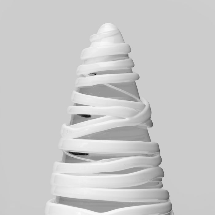 White conical tree with spiral wrapping design, 8 inches tall.