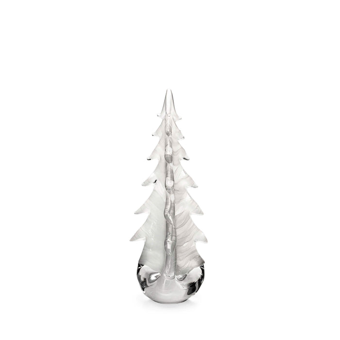 White glass evergreen tree with pointed top and layered branches on round base.