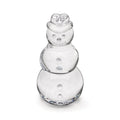Clear glass snowman figurine with three stacked spheres, button details, and a heart-shaped top.