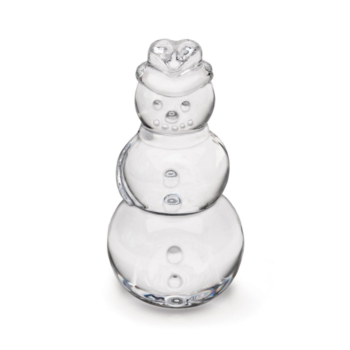 Clear glass snowman figurine with three stacked spheres, button details, and a heart-shaped top.