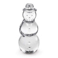 Clear glass snowman figurine with stacked spheres, silver-tone hat and band accents, and dot details on body.