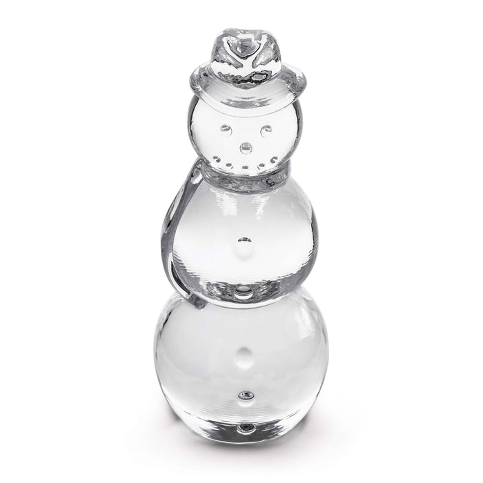 Clear glass snowman figurine with stacked spheres, silver-tone hat and band accents, and dot details on body.