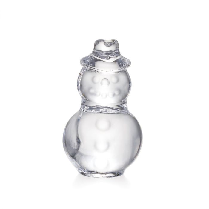 Clear glass snowman figurine with stacked spheres, scarf detail, and hat.