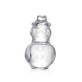 Clear glass snowman figurine with stacked spheres, scarf detail, and hat.