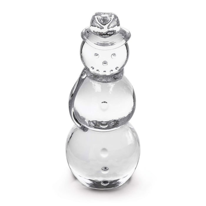 Clear glass snowman figurine with stacked spheres, metallic hat, and dot details for facial features.