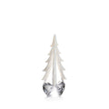 White frosted evergreen tree decoration with tiered branches in clear glass base.