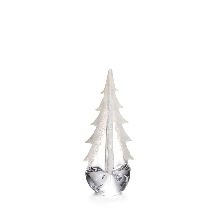White frosted evergreen tree decoration with tiered branches in clear glass base.