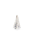 Small metallic evergreen tree figurine with snow-frosted finish and tiered branches on clear base.