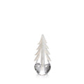 Clear glass decorative evergreen tree with frosted white branches and clear teardrop base.